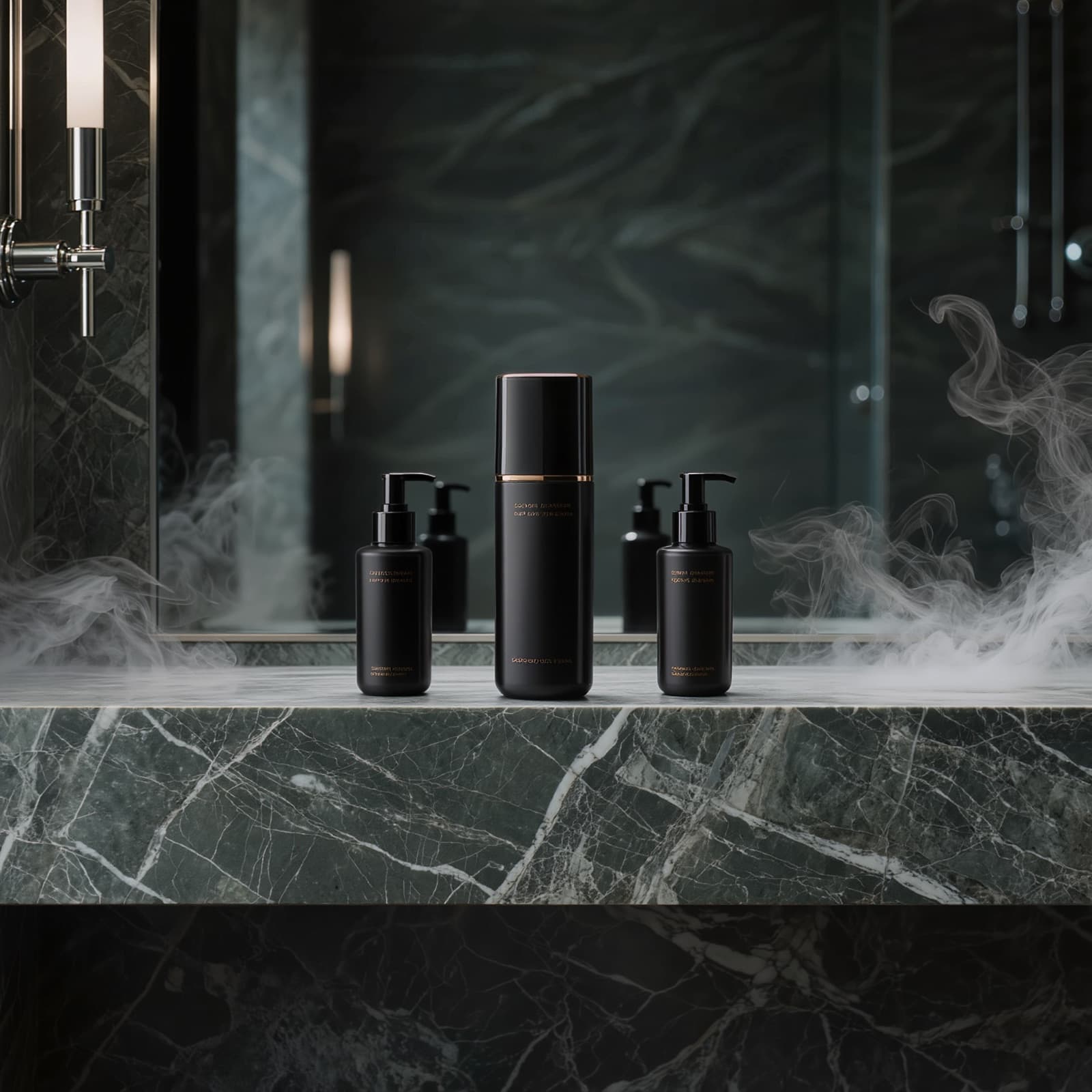 AXIOM° bottles on a marble shelf
