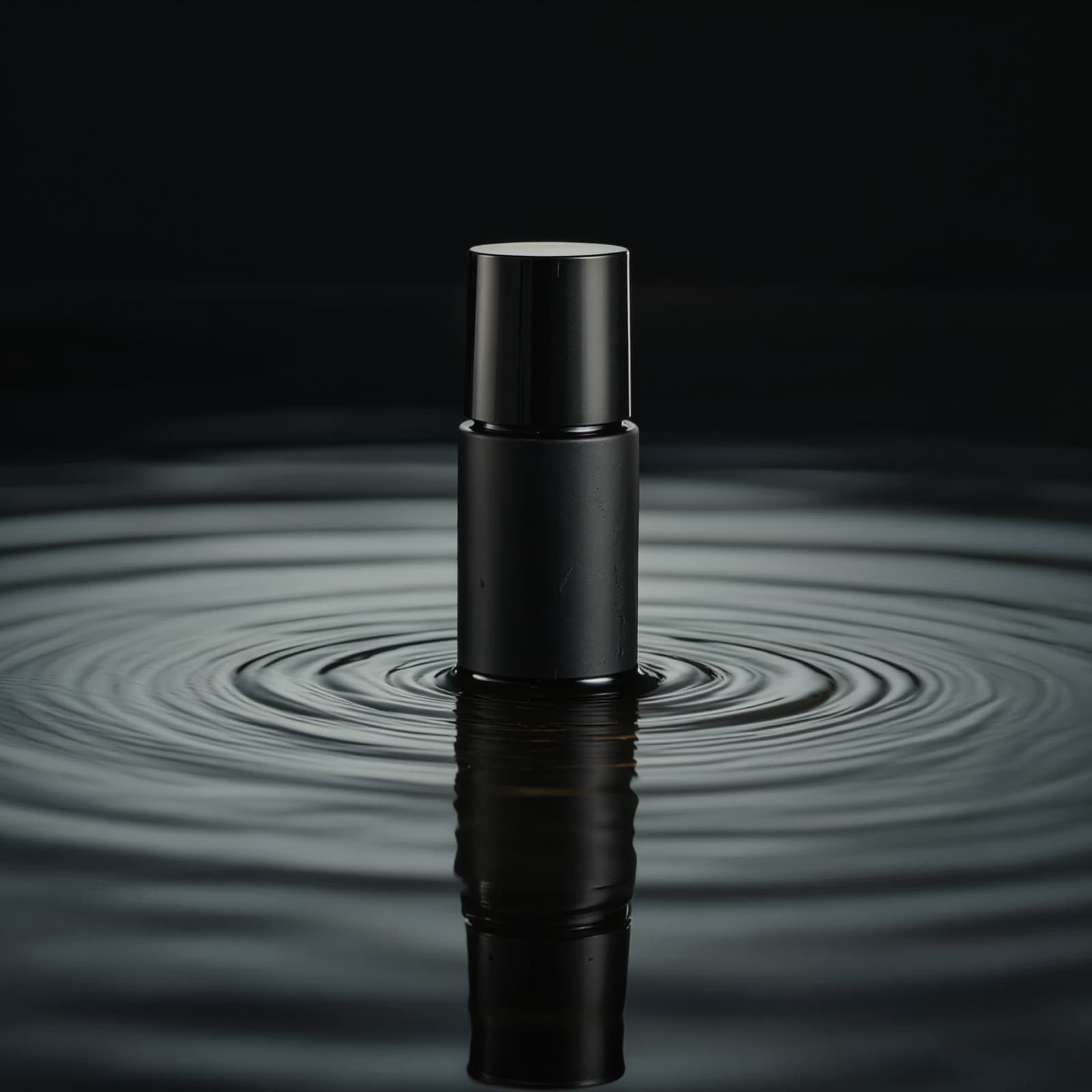 Black bottle standing in still water